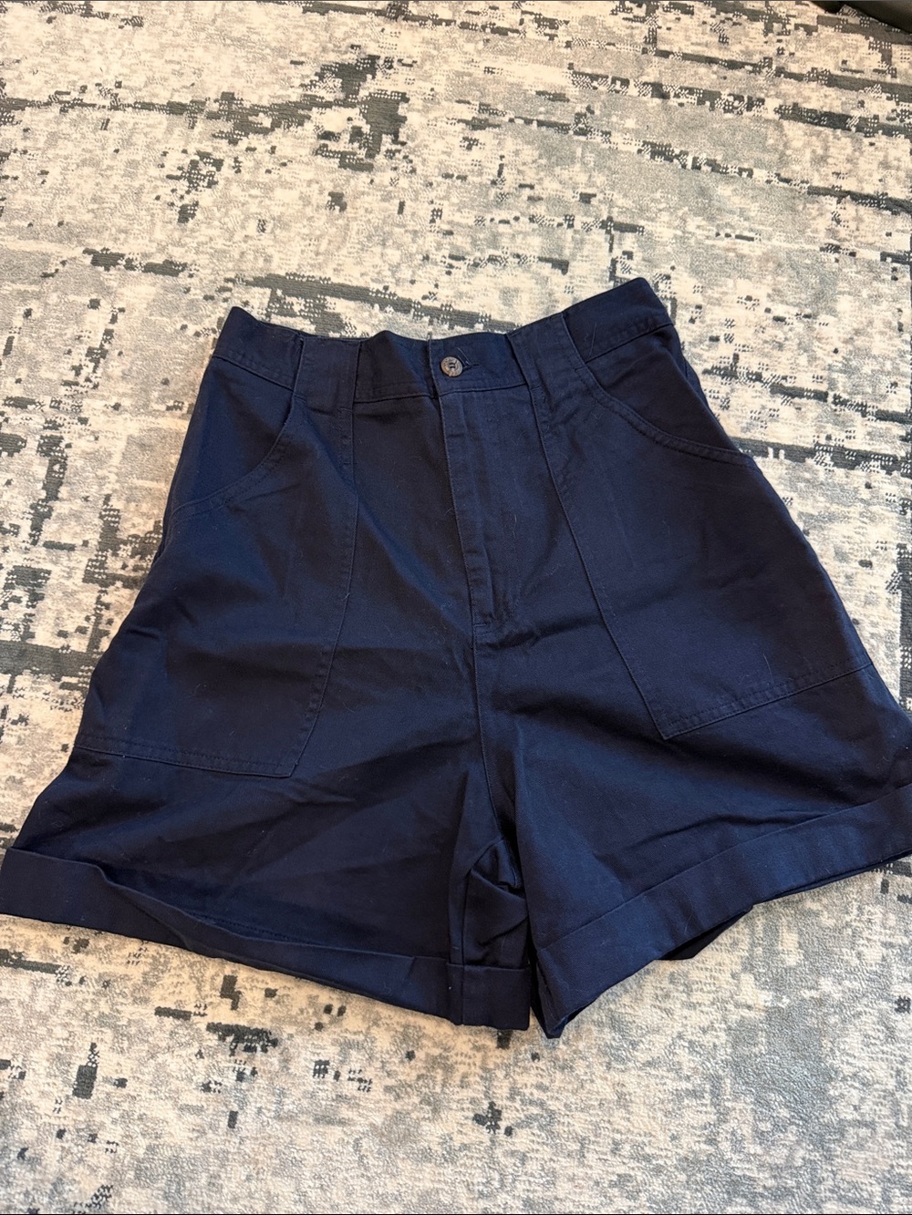 High-Waist Navy Cotton Blend Shorts